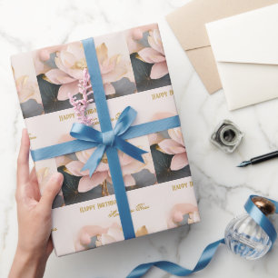 Custom Pink Lotus Gold Happy Birthday Wrapping Paper