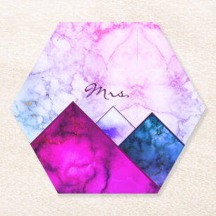 Custom Pink Marble Mountains Color Block Mrs Paper Coaster