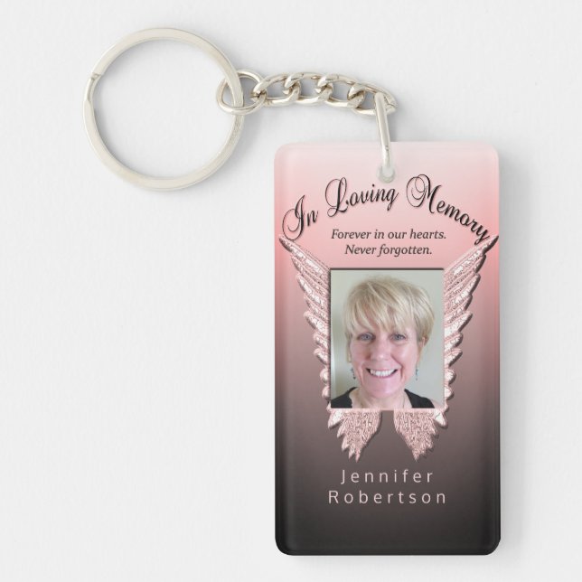 Custom Pink Memorial Angel Wings Add Photo Keychain (Front)