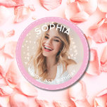 Custom Pink Modern 21st Birthday Photo Classic Round Sticker<br><div class="desc">Cute Modern Preppy 21st Birthday stickers for your son or daughter's birthday party. They feature a cute customizable text and image on a Pastel pink background. Perfect for invitations and party bag goodies.</div>