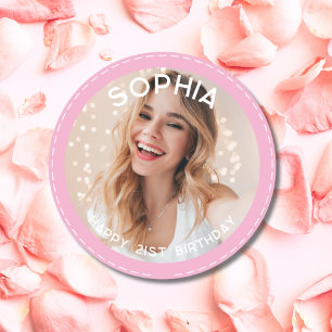 Custom Pink Modern 21st Birthday Photo Classic Round Sticker