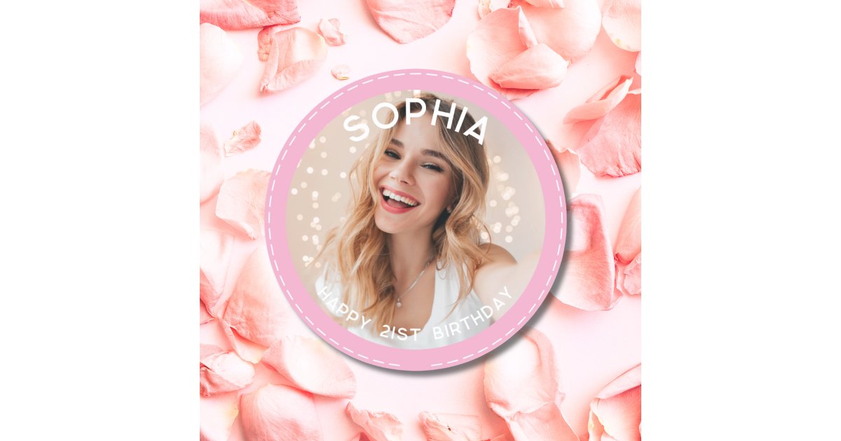 Custom Pink Modern 21st Birthday Photo Classic Round Sticker | Zazzle