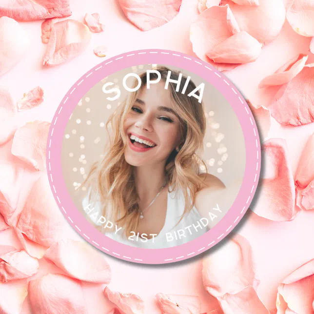 Custom Pink Modern 21st Birthday Photo Classic Round Sticker | Zazzle