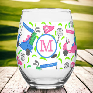 Custom Pink Monogram Golf Carts Preppy Golf Lover Stemless Wine Glass