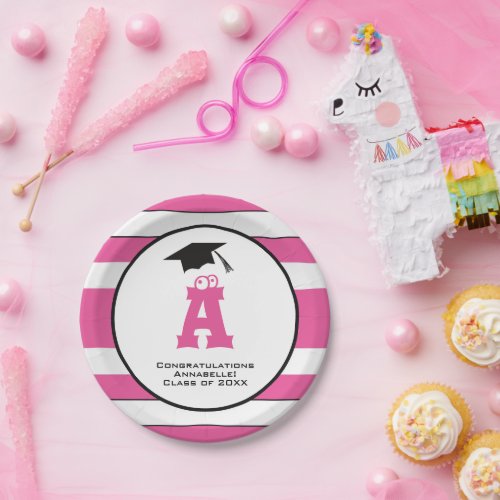 Custom Pink Monogram Graduate Cute Paper Plate