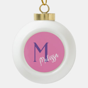custom pink monogram name personalize minimal ceramic ball christmas ornament