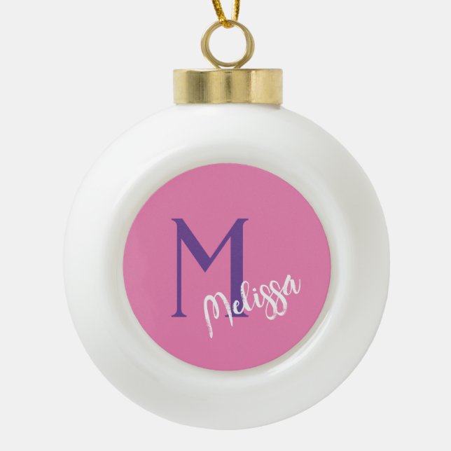 custom pink monogram name personalize minimal  ceramic ball christmas ornament (Front)