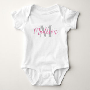 Custom Pink Name and Gray Initial Baby T-Shirt Bodysuit