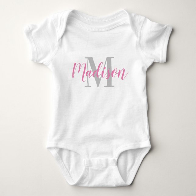 Custom Pink Name and Gray Initial Baby T-Shirt Bodysuit (Front)