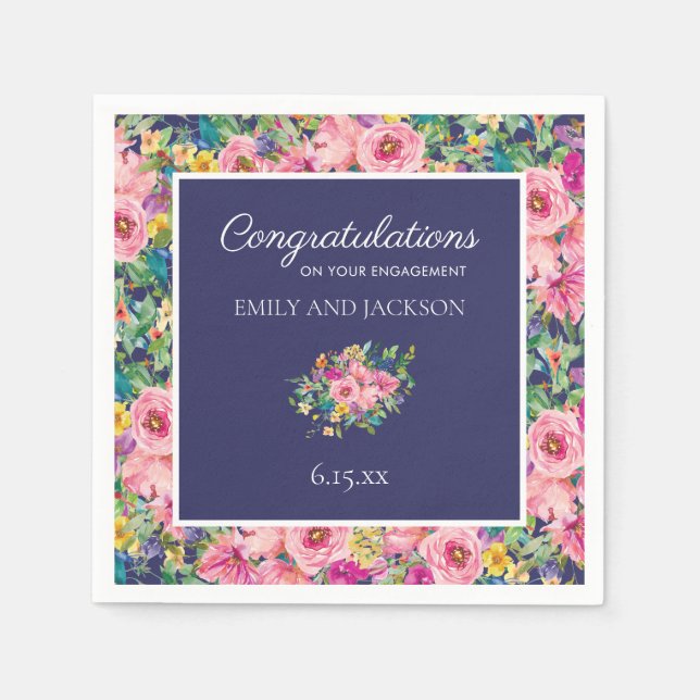 Custom Pink Navy Blue Watercolor Floral Engagement Napkins (Front)