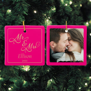 Custom Pink Newlywed Couple Ceramic Ornament