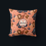 Custom Pink, Orange and Navy Safari Lion Pattern Throw Pillow<br><div class="desc">Looking for safari-themed products for the nursery room? This custom pink, orange, and navy safari lion pattern throw pillow with an African safari inspired pattern from Happy People Prints might be the one you are looking for. You can customize the pillow with the baby's name and year of birth in...</div>