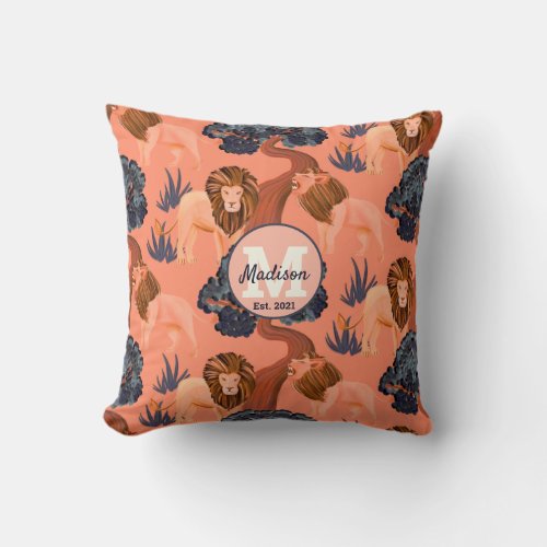 Custom Pink Orange and Navy Safari Lion Pattern Throw Pillow