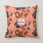 Custom Pink, Orange and Navy Safari Lion Pattern Throw Pillow<br><div class="desc">Looking for safari-themed products for the nursery room? This custom pink, orange, and navy safari lion pattern throw pillow with an African safari inspired pattern from Happy People Prints might be the one you are looking for. You can customize the pillow with the baby's name and year of birth in...</div>