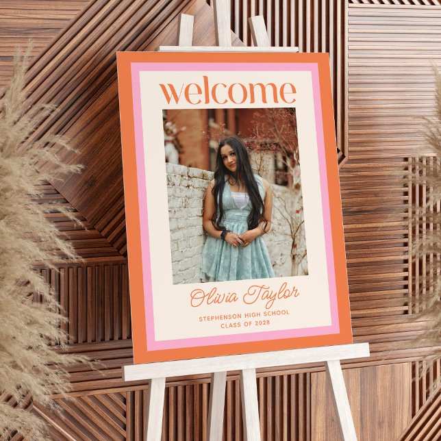 Custom Pink Orange Photo Graduation Welcome Sign  (Creator Uploaded)
