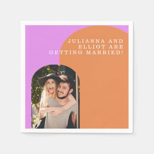 Custom Pink Orange Retro Photo Engagement Party  Napkins (Front)