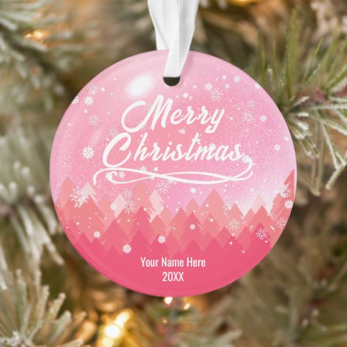 Custom Pink Peaceful Snow Forest Merry Christmas Ornament