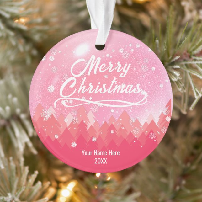 Custom Pink Peaceful Snow Forest Merry Christmas Ornament (Tree)