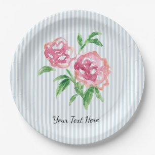 Custom Pink Peonies Flower Painting Blue Stripe Paper Plates