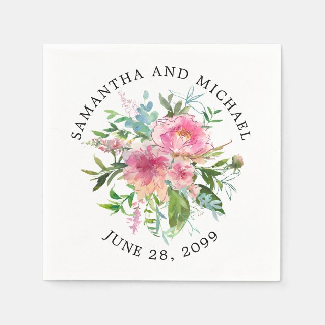Custom Pink Peony Floral Wedding Napkins (Front)