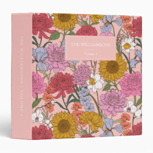 Custom Pink Personalized Floral Family Name Photo 3 Ring Binder