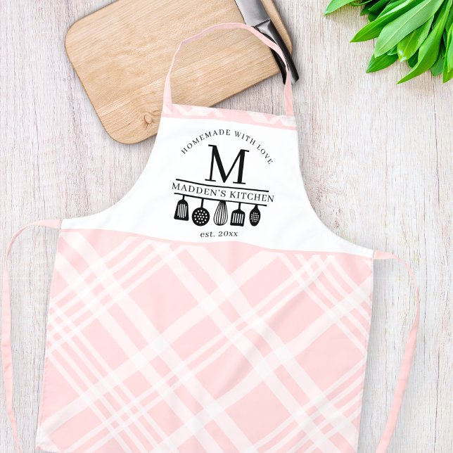 Custom Pink Plaid Kitchen Whisk Utensils Monogram Apron (Creator Uploaded)