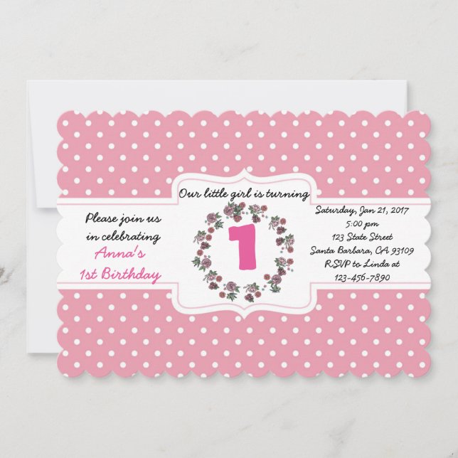 Custom Pink Polka Dot 1st Birthday Invitation Card (Front)