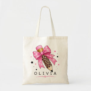 Custom Pink Polka Dot Bow Leopard Pencil Teacher Tote Bag
