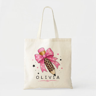 Custom Pink Polka Dot Bow Leopard Pencil Teacher Tote Bag