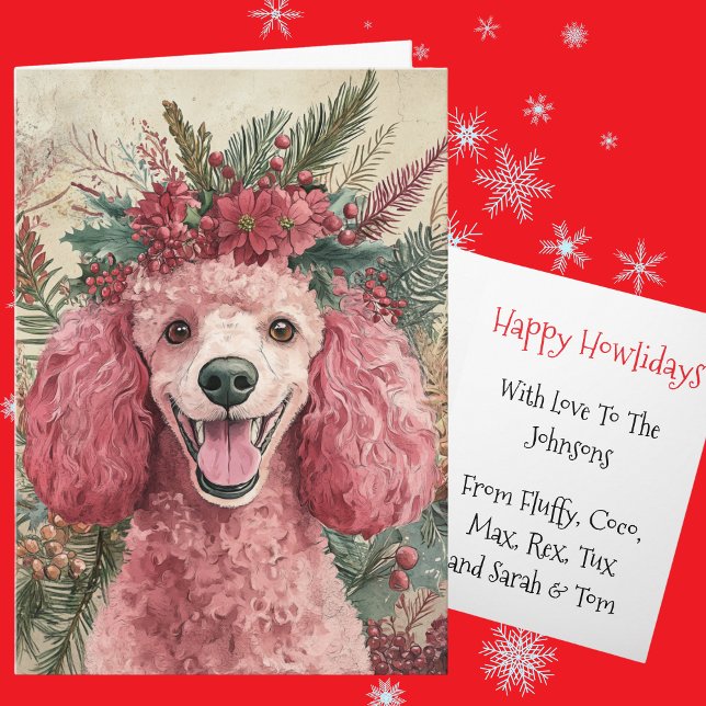 Custom Pink Poodle Christmas Floral Crown Holiday Card (Creator Uploaded)