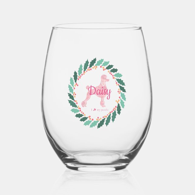 Custom Pink Poodle Silhouette Christmas Wine Glass (Front)