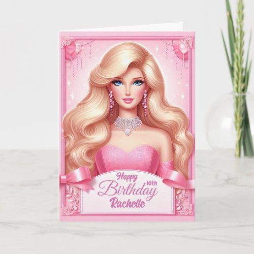 Custom Pink Princess Doll Happy Birthday Card