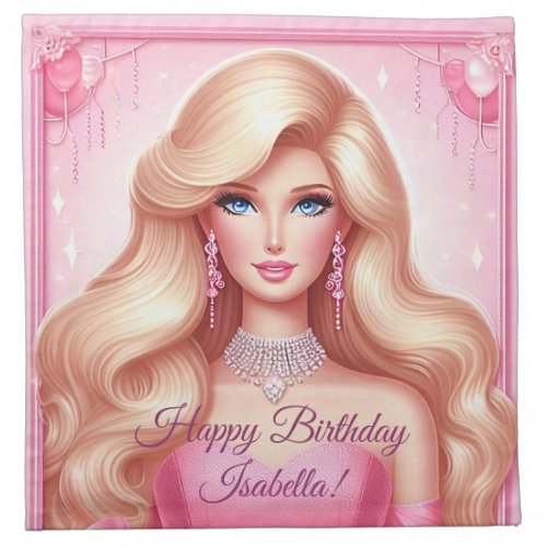 Custom Pink Princess Doll Happy Birthday Cloth Napkin