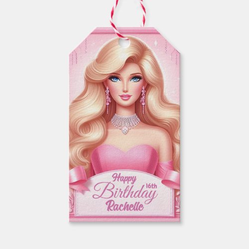 Custom Pink Princess Doll Happy Birthday Gift Tags
