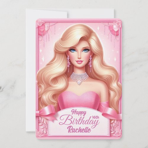 Custom Pink Princess Doll Happy Birthday Invitation