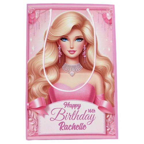 Custom Pink Princess Doll Happy Birthday Medium Gift Bag