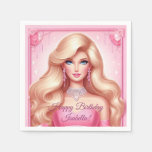 Custom Pink Princess Doll Happy Birthday Napkins