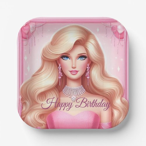 Custom Pink Princess Doll Happy Birthday Paper Plates