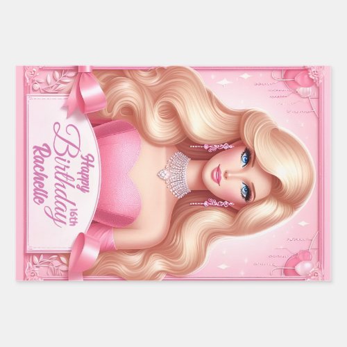 Custom Pink Princess Doll Happy Birthday Wrapping Paper Sheets