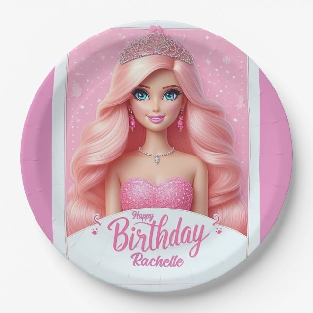 Custom Pink Princess Happy Birthday Paper Plates (Front)