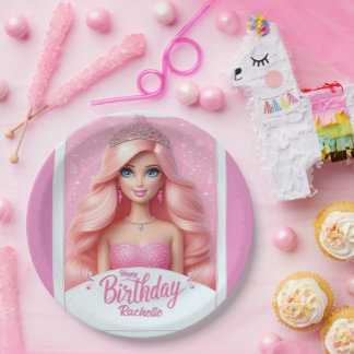 Custom Pink Princess Happy Birthday Paper Plates