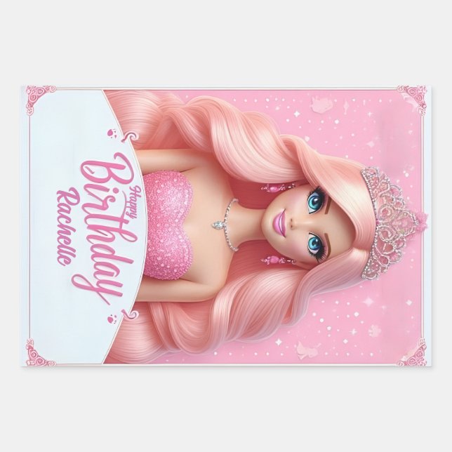 Custom Pink Princess Happy Birthday Wrapping Paper Sheets (Front)