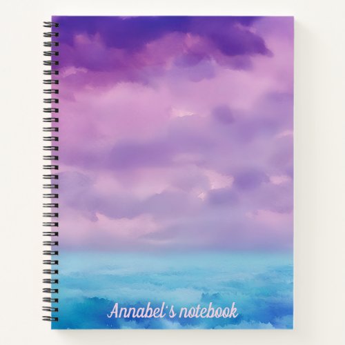 Custom pink purple cyan blue sky ocean watercolor notebook