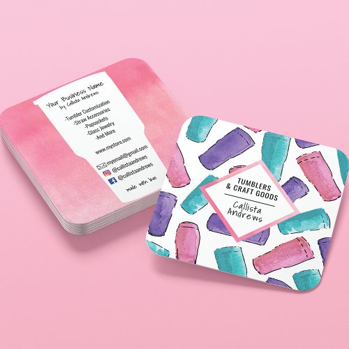Custom Pink Purple Teal Tumbler Watercolor Crafter Square Business Card