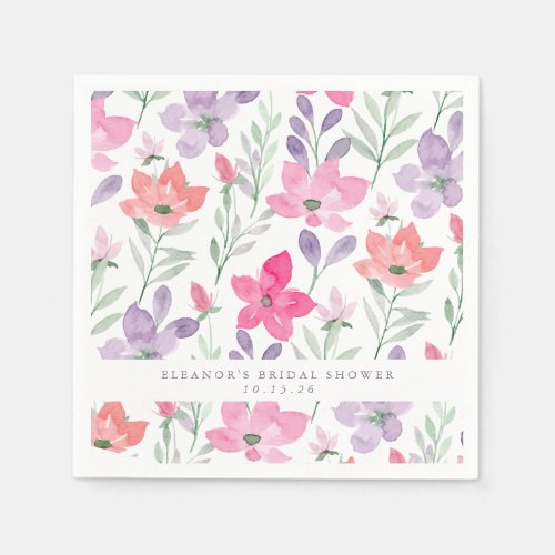 Custom Pink Purple Watercolor Floral Bridal Shower Napkins