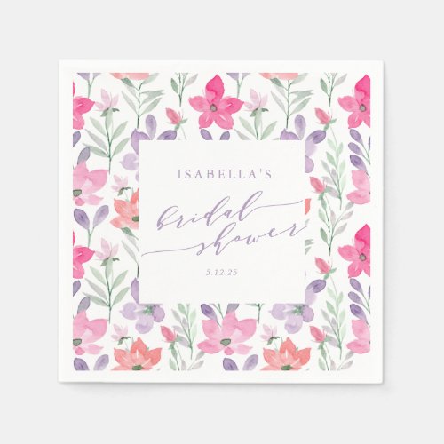 Custom Pink Purple Watercolor Floral Bridal Shower Napkins