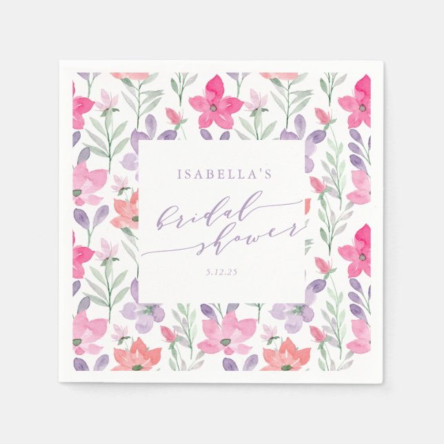 Custom Pink Purple Watercolor Floral Bridal Shower Napkins (Front)