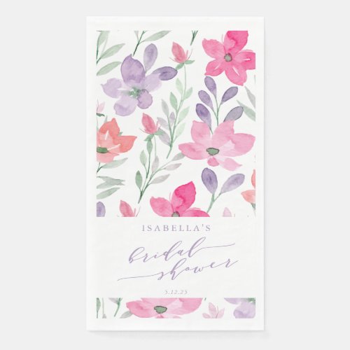 Custom Pink Purple Watercolor Floral Bridal Shower Paper Guest Towels