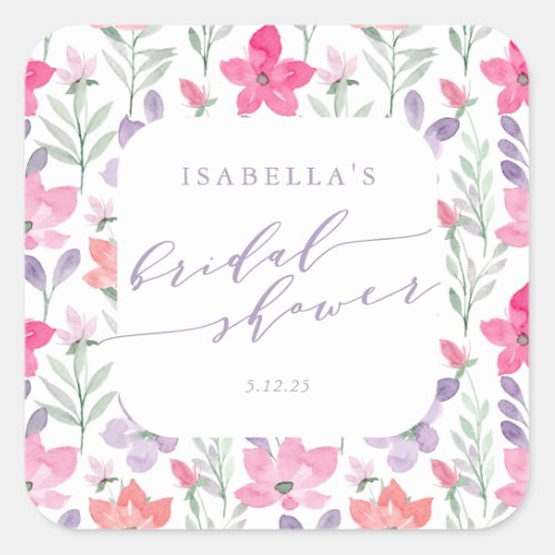 Custom Pink Purple Watercolor Floral Bridal Shower Square Sticker