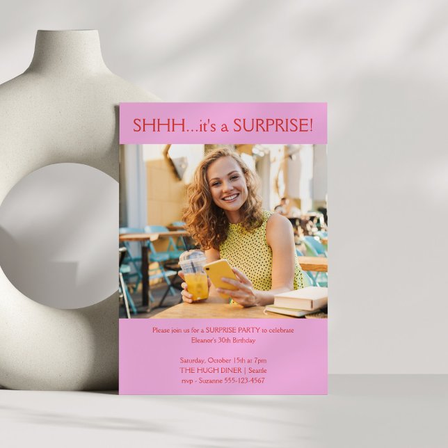 Custom Pink Red Photo Surprise 30th Birthday Party Invitation (Creator Uploaded)